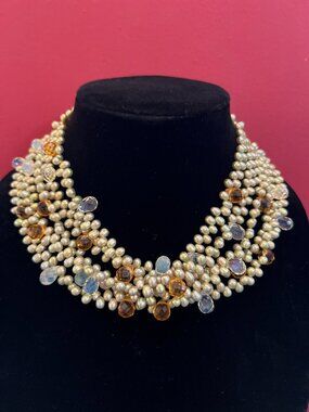 VTG 5 Strand Gold Freshwater Pearl Statement Necklace Wedding Party Glass 18”EUC